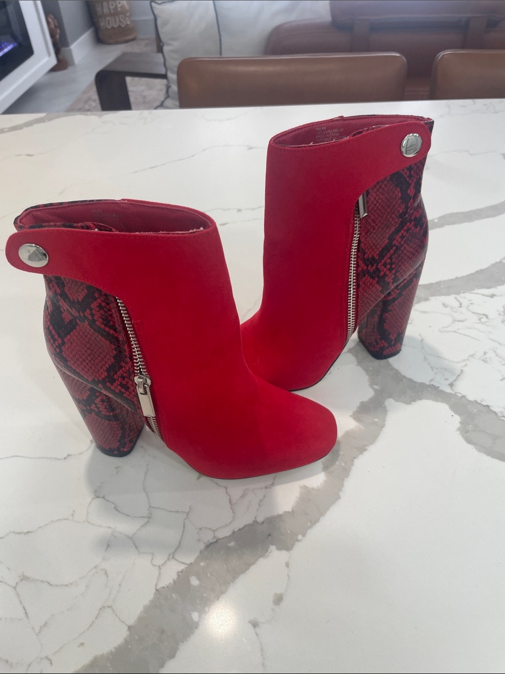 Red Suede Ankle Boots with Snake-Print Heel